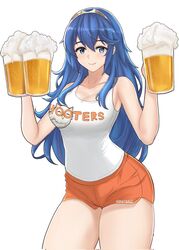 alcohol alternate_costume bare_arms beer beer_mug blue_eyes blue_hair breasts cleavage cup desspie female fire_emblem fire_emblem_awakening highres hooters long_hair looking_at_viewer lucina_(fire_emblem) medium_breasts mug shorts smile solo symbol-shaped_pupils thighhighs tiara waitress