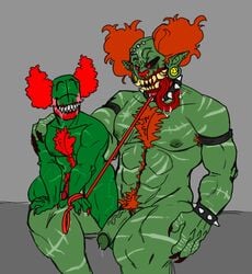 beeboafterdark cum drool drooling fangs leaking_precum leash madness_combat male male/male muscular muscular_male penis scar scars tricky_the_clown