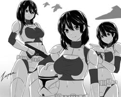 3girls armor black_and_white clone_trooper clone_wars cute female genderbent genderswap hologram laat/i large_breasts outside realistic_breast_size rule_63 star_destroyer star_wars venator-class_star_destroyer zxpfer