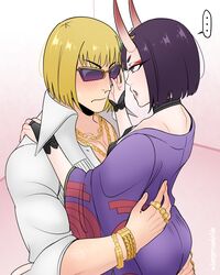 ... 1boy 1girls blonde_hair blush bob_cut bracelet carrying carrying_partner choker dangerousbride embarrassed fate/grand_order fate_(series) female flat_chest highres horns japanese_clothes jewelry kimono male medium_hair necklace oni oni_horns pink_lips purple_eyes purple_hair ring sakata_kintoki_(fate) shirt shuten_douji_(fate) speech_bubble sunglasses