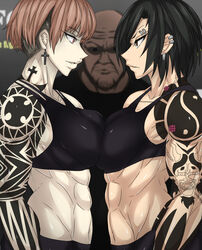 1boy 2girls abs black_hair brown_eyes brown_hair cross_earrings dark-skinned_male ear_piercing earrings eyebrow_piercing fighting_ring fit fit_female isabella_(zokusuke) large_breasts light_skin muscles muscular muscular_female oc original original_character pale_skin piercings short_hair smile sports_uniform tattoo yuko_mizobuti_(zokusuke) zokusuke