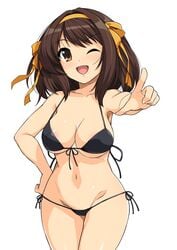 1girls areola_slip bikini covered_nipples hand_on_hip haruhisky lowleg_bikini solo standing suzumiya_haruhi suzumiya_haruhi_no_yuuutsu tagme white_background