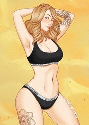 1girls blacked blacked_clothing blonde_hair blue_eyes bra clothed_female clothing dbd dead_by_daylight female female_only kate_denson queen_of_spades solo solo_female solo_focus sports_bikini sports_bra sportswear tattoo tattoo_on_legs tattoo_sleeve tattooed_arm worsenworse