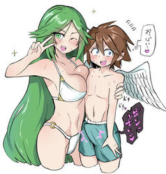 age_difference angel_wings bikini blue_eyes blush brown_hair bulge embarrassed erection erection_under_clothes green_eyes green_hair kid_icarus kid_icarus_uprising light-skinned_female light-skinned_male light_skin milf nintendo older_female palutena pit pit_(kid_icarus) size_difference swimming_trunks swimsuit white-stew white_bikini white_bra white_swimsuit wings younger_male