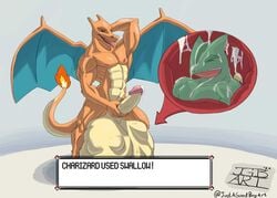 absurd_res anthro balls big_balls big_penis bodily_fluids charizard cock_vore cum duo english_text genital_fluids genitals good_boy hi_res huge_balls huge_cock hyper hyper_balls hyper_genitalia hyper_penis justagoodboy male male_pred male_prey muscular nintendo penile penis pokémon_(species) pokemon pokemon_(species) sceptile text video_games vore