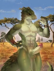 2021 5_fingers abs absurd_res anthro brown_eyes day detailed_background digital_media_(artwork) dragon eyebrows eyelashes fingers grass green_body green_scales hi_res horn male muscular nude outside rizapiska scales sky solo wingless_dragon