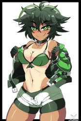 aria_aileron_(littlepengo) blush bra choker cute_fang fingerless_gloves green_eyes green_hair large_breasts littlepengo looking_at_viewer metalkaiser oc original original_character short_shorts shorts smile spats spats_under_shorts tan tan_skin tanline teasing tomboy undressing