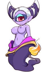 blush demon female fuumin hair_horns horns insomni large_breasts level-5 loose_clothes no_panties nollety one_eye pointy_ears purple_skin solo tail white_hair yo-kai_watch youkai youkai_watch yōkai