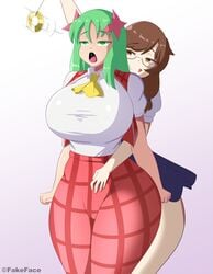 2girls breasts brown_eyes brown_hair fake_face glasses green_eyes green_hair hypnosis hypnotic_eyes hypnotized large_breasts mind_control pendulum simple_background skirt smile sumireko_usami tagme tongue_out touhou white_background yuka_kazami yuri