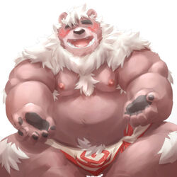 1:1 2021 absurd_res anthro balls belly brown_body brown_fur bulge closed_eyes fur genitals hi_res kemono kimun_kamui_(tokyo_afterschool_summoners) male mammal meimei_kia moobs nipples overweight overweight_male simple_background sitting solo tokyo_afterschool_summoners towel ursid video_games white_background white_body white_fur