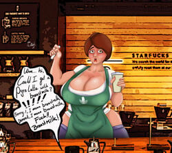 apron big_breasts blush brown_eyes brown_hair chubby chubby_female coffee coffeeshop counter cup curvy fat_people_only funny iced_latte_with_breast_milk jeans marker mature mature_female meme milf milk shocked shocked_expression shop short_hair starbucks store sweat text text_bubble thewink