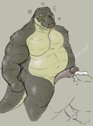 alligator alligatorid anthro ass big_dom_small_sub bodily_fluids crocodilian cum cum_on_body cum_on_butt dominant duo fangs genital_fluids genitals green_body heart hot_dogging human human_on_anthro imminent_anal interspecies larger_anthro male male/male mammal musclegut muscular muscular_anthro muscular_male navel nude pecs penis pure_command reptile scalie sex size_difference slightly_chubby smaller_human tongue tongue_out