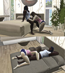 1boy 1boy1girl 1girls bed blowjob brown_hair dark-skinned_male dark_skin devious_desires deviousdesires dreadlocks hotel hotel_room interracial on_knees oral oral_sex pale-skinned_female pale_skin sex the_sims_4 underwear