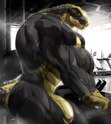 anthro bastroceive dinosaur extreme_muscles genitals gym hi_res magangz male male_only muscular muscular_male nude penis reptile scalie solo teeth_showing vein veiny_muscles veiny_penis yellow_body yellow_eyes yellow_skin