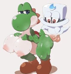 anthro balls big_balls big_breasts big_penis bodily_fluids breasts cappy_(mario) dinosaur erection female genitals green_yoshi hi_res male mario_(series) nintendo nude penis reptile scalie sex super_mario_odyssey sweat toxic0266 video_games white_background yoshi