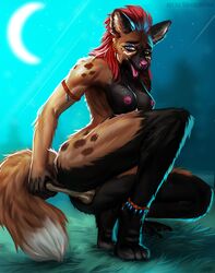 2021 anthro barefoot biped blue_eyes bone breasts canid canine feet female genitals hi_res mammal moon nipples nude outside pink_nose pink_tongue pussy sleepyhelen solo tongue