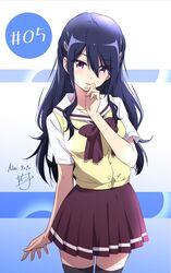 black_hair blush female finger_to_mouth high_resolution izanami_kyouko kamisama_ni_natta_hi looking_at_viewer nii_manabu official_art open_mouth purple_eyes school_uniform shirt skirt uniform