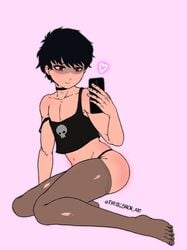 1boy androgynous ass bottomless brandon_(shadman) cellphone choker clothing crossdressing dark_hair femboy girly goth_femboy heart holding_phone light_skin male male_focus male_only partially_clothed pink_background selfie simple_background smile solo thighhighs trap