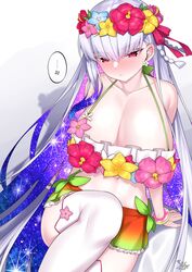 alternate_costume big_breasts blush cleavage curvy fate/grand_order fate_(series) galaxy_hair huge_breasts kama_(fate/grand_order) kama_(swimsuit_avenger)_(fate) long_hair looking_at_viewer mature_female midriff pale-skinned_female pale_skin red_eyes silver_hair sitting swimsuit thighhighs watosu_(watosu_mama)