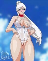 2022 big_breasts blue_eyes boob_window breasts cleavage exposed_pussy filthydungeons large_breasts long_hair looking_at_viewer one_piece_swimsuit ponytail pussy rwby swimsuit transparent_clothing weiss_schnee white_hair