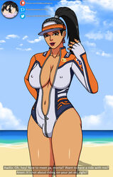 1futa alternate_costume awilix_(smite) beach black_hair breasts brown_eyes bulge cap cleavage clothed clothing dialogue dickgirl earrings english_text erect_nipples futa_only futanari hat human large_breasts long_hair mayan_mythology nipple_bulge partially_clothed pokies ponytail self_upload smite solo standing summer tan tan-skinned_futanari theobscureone wave_rider_awilix zipper