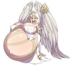 1girls angel_wings blonde_hair breasts clothed clothing female female_only halloween huge_belly huge_breasts hyper hyper_belly hyper_breasts hyper_pregnancy marrazan mostly_clothed navel nipple_bulge open_clothes pregnant ready_to_pop solo white_background white_wings wings