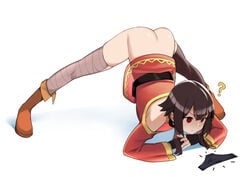 ? ass bangs bare_shoulders belt black_belt black_legwear blush brown_hair dress erotanuki female fingerless_gloves gloves jack-o_pose jackochallenge kono_subarashii_sekai_ni_shukufuku_wo! megumin no_panties panties_removed red_dress red_eyes shiny shiny_skin short_hair simple_background solo underwear white_background