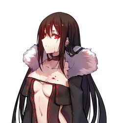 akuta_hinako assassin bangs black_hair blood blood_on_face bloodstain breasts brown_hair center_opening choker dress ear_piercing eyebrows_visible_through_hair fate/grand_order fate_(series) female female fur_collar hair_between_eyes high_resolution jewelry large_breasts long_hair looking_at_viewer navel piercing pixiv_id_968066 red_eyes revealing_clothes simple_background solo upper_body very_high_resolution white_background xion32 yu_miaoyi yu_miaoyi_(fate)