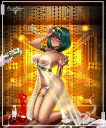 artist_request blindfold blindfold_lift cyanchan dildo egyptian friendship_is_magic green_hair huge_breasts humanized kneeling looking_at_viewer money my_little_pony negligee short_hair somnambula_(mlp) thong voluptuous