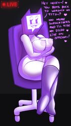 1girls anthro areolae big_breasts boots glitch_(twitch.tv) jwecchi_(artist) livestream purple_eyes sitting text thick_thighs twitch.tv