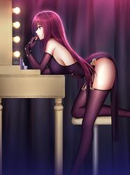 applying_makeup ass bad_id bad_pixiv_id bangs bare_shoulders bent_over breasts bunnysuit dress elbow_gloves eyebrows_visible_through_hair fate/grand_order fate_(series) feet_out_of_frame female garter_straps gloves hair_between_eyes hair_intakes hip_focus hips holding in_profile lancer large_breasts leaning_forward legs legwear lingerie lipstick lipstick_tube long_hair long_legs looking_at_mirror looking_away makeup mallizmora meaomao one_knee parted_lips pelvic_curtain purple_dress purple_gloves purple_hair purple_legwear red_eyes scathach_(fate) sideboob sleeveless sleeveless_dress slit_dress solo stool thighhighs thighs very_long_hair