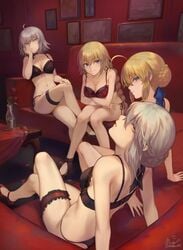 4girls ahoge arm_support artoria_pendragon artoria_pendragon_(alter) artoria_pendragon_(saber) bangs bare_shoulders black_bra black_footwear black_panties black_underwear blonde_hair blue_eyes blue_ribbon blush bow bow_bra bra braid breasts clavicle cleavage closed_mouth couch crossed_arms crossed_legs crown_braid elbow_rest expressionless eyebrows_visible_through_hair fate/apocrypha fate/grand_order fate/stay_night fate_(series) feet_apart female flower garter green_eyes groin hair_between_eyes hair_bun hair_ornament hair_ribbon half-closed_eyes hand_on_own_cheek hand_on_own_knee head_tilt high_heels high_resolution indoors jeanne_d'arc_(alter) jeanne_d'arc_(fate) jewelry knees_together knees_together_feet_apart large_breasts leaning_back leaning_forward leg_garter lingerie long_hair looking_at_viewer mashu_003 medium_breasts multiple_girls navel necklace pantsu parted_lips photo_(object) picture_frame red_bra red_flower red_footwear red_rose red_underwear removed ribbon ribbon-trimmed_bra ribbon_trim rose saber shoes short_hair side-tie_panties sidelocks signature single_braid sitting smile stomach table take_your_pick tareme thighs tied_hair twitter_username underwear underwear_only vase very_long_hair yellow_eyes