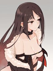 3: bangs bare_shoulders black_dress breasts brown_eyes brown_hair center_opening choker clavicle cleavage consort_yu_(fate/grand_order) dress earrings eyebrows_visible_through_hair fate/grand_order fate_(series) female female fur_trim gradient gradient_background grey_background high_resolution jewelry large_breasts long_hair looking_away medium_breasts multiple_earrings no_bra red_eyes revealing_clothes ribbon_trim sakura_akami sidelocks solo strapless strapless_dress very_long_hair viewed_from_above yu_miaoyi_(fate)