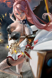 1girls ass blue_eyes bullets cleavage dat_ass female female_only high_heels large_breasts pale-skinned_female pink_hair pinup rifle shionne_(tales) solo stockings tales_of_(series) tales_of_arise white_dress zumi