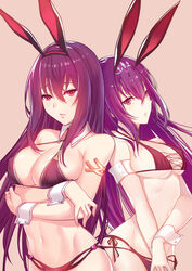 2girls animal_ears armlet bangs bare_shoulders bikini breasts bunny_ears bunnysuit cleavage crossed_arms detached_collar fake_animal_ears fate/grand_order fate_(series) female fingernails halterneck high_resolution jewelry large_breasts long_hair looking_at_viewer medium_breasts multiple_girls navel parted_lips pink_background purple_hair red_eyes scathach_(fate) scathach_skadi shiny shiny_hair shiny_skin side-tie_bikini sideboob simple_background swimsuit wrist_cuffs xion32