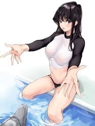 1animal 1girls bikini black_hair dolphin female_human hands human imminent_dolphin_rape komi-san_wa_komyushou_desu komi_shouko large_breasts legs_spread mamimi_(artist) pool purple_eyes swimsuit zoophilia