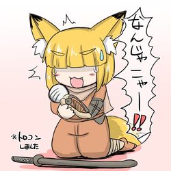 1:1 animal_humanoid blonde_hair blush bodily_fluids canid canid_humanoid canine canine_humanoid cosplay crying digital_media_(artwork) female fox fox_humanoid fromsoftware hair hair_over_eye hair_over_eyes humanoid inner_ear_fluff japanese_text kneeling light_body light_skin mammal mammal_humanoid melee_weapon one_eye_obstructed prosthetic prosthetic_limb scarf sekiro:_shadows_die_twice sex_toy solo suteakagitsune sweat sword tears text translation_request tuft vibrator video_games weapon