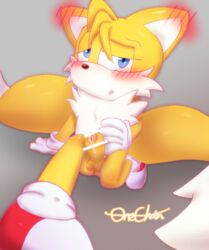 anthro anus blush bodily_fluids canid canine clothing dripping foreskin fox genital_fluids genitals gloves handwear horny_(disambiguation) legwear male mammal onechan penis precum precum_drip precum_on_penis sega solo sonic_(series) sonic_the_hedgehog_(series) tails