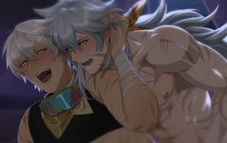 2boys abs aged_up bandages bennett_(genshin_impact) earring fangs gay genshin_impact goggles goggles_around_neck green_eyes grey_hair implied_sex male_only nipples open_mouth pulled_up_shirt razor_(genshin_impact) red_eyes riffraff riffraffhellyea scars sweat white_hair yaoi