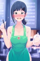 1girls 2021 apron apron_only barista black_eyes black_hair chainsaw_man cute employee employee_uniform female female_focus female_only green_apron higashiyama_kobeni human human_only i_mean_breast_milk iced_latte_with_breast_milk meme pochita_(chainsaw_man) short_hair starbucks sweat sweatdrop sweating theobrobine