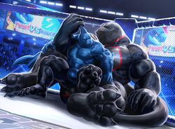 2boys 3_toes 4_fingers 5_fingers adam0800 anthro anthro_on_anthro arena barazoku biceps big_muscles biped black_clothing blue_clothing bodysuit bondage bulge claws clothed clothing crowd deltoids detailed detailed_background digital_media_(artwork) dinosaur duo feet fighting_ring fin finger_claws fingers fish fist furgonomics gay genital_outline glistening glistening_bodysuit glistening_clothing glistening_skinsuit group head_fin hi_res holding_another inside larger_anthro larger_male light lighting looking_at_another male male/male male_only marine muscular muscular_anthro muscular_male obliques on_bottom on_ground on_top pecs penis_outline plantigrade public quads raised_arm reclining red_clothing reptile rubber rubber_suit scalie screen shaded shark sitting sitting_on_ground size_difference skinsuit smaller_anthro smaller_male smaller_on_top spread_legs spreading tail_fin takahirosi theropod three-quarter_view tight_clothing toe_claws toes triceps typhek tyrannosaurid tyrannosaurus tyrannosaurus_rex wrestling xavier_(xamz) yaoi