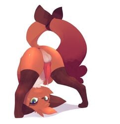 2021 anthro anus ass b-epon balls blep bodily_fluids digital_media_(artwork) dripping erection fur genital_fluids genitals green_eyes head_tuft knot light lighting looking_at_viewer looking_through looking_through_legs male male_only nickit nintendo orange_body orange_fur pokémon_(species) pokemon precum precum_drip presenting presenting_hindquarters shaded simple_background solo solo_male tongue tongue_out tuft video_games white_background white_body white_fur