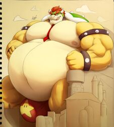 2020 absurd_res anthro ara_chibi armband barazoku belly big_belly big_bulge big_muscles bowser bracelet bulge castle clothing cloud collaboration collar colored croconut digital_media_(artwork) eyebrows hair hi_res horn huge_bulge huge_muscles hyper hyper_belly jewelry koopa licking licking_lips licking_own_lips looking_at_viewer macro male male_only mario_(series) mixed_media moobs musclegut muscular muscular_anthro muscular_male navel necktie nintendo nipples obese obese_anthro obese_male overweight overweight_anthro overweight_male pecs scalie self_lick shell signature simple_background small_head smile solo spiked_armband spiked_bracelet spiked_shell spikes spikes_(anatomy) standing tan_background thong tongue tongue_out traditional_media_(artwork) underwear video_games