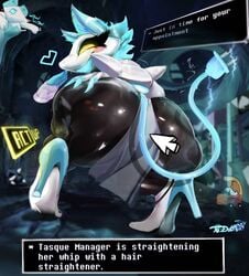 ass big_butt blue_ears blue_hair blush butt cyborg dabbing deltarune deltarune_chapter_2 dialogue eyelashes female female_only funny_background_event furry heart huge_butt lancer_(deltarune) looking_at_viewer meme smile smiling smiling_at_viewer squatting tail tasque tasque_(animal) tasque_manager_(deltarune) teasing teasing_viewer toby_fox tudduls undertale yellow_eyes