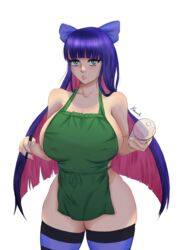 1girls apron bawdy blue_eyes hair_tie huge_breasts iced_latte_with_breast_milk light-skinned_female light_skin meme panty_&_stocking_with_garterbelt purple_hair stocking_anarchy stockings thick_thighs two_tone_hair wide_hips