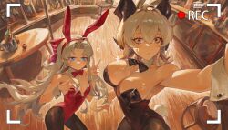 breasts bunny_ears bunnysuit camera_pov camera_view carlotta_(wuthering_waves) horn horns peace_sign rayrainss red_eyes v_sign white_hair wuthering_waves zani_(wuthering_waves)