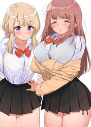 big_breasts blonde_hair blush busty closed_eyes curvaceous curvy cute kaisen_chuui looking_down original pink_hair removing_clothing removing_shirt schoolgirl schoolgirl_uniform smile smiling stripping thick_thighs voluptuous wide_hips