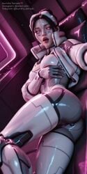 absurdres ai_generated arm_extended aroused ass_visible best_quality black_hair bodysuit breasts breasts_squeezed cockpit curvy cybernetic cyberpunk cyborg detailed_background dripping explicit facial_markings female glasses glossy_skin hair_bun highres huge_ass huge_breasts large_breasts lipstick looking_at_viewer lying marathon_(bungie) masterpiece mechanical_legs neon nipples nsfw on_back open_mouth ponytail purple_eyes purple_lighting pussy pussy_juice red_lipstick robot_girl robotic_legs round_eyewear sci-fi selfie skin_tight solo steam sweat tattoo thick_thighs thief_(marathon) tongue_out velairi_kim voluptuous wet wide_hips