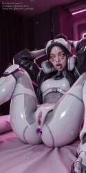 absurdres ahe_gao ai_generated aroused ass_visible bed best_quality black_hair bodysuit breasts_out cockpit curvy cybernetic cyberpunk cyborg detailed_background dripping drool explicit facial_markings female glasses glossy_skin hair_bun heart-shaped_pupils highres huge_ass huge_breasts indoors large_breasts legs_spread legs_up lipstick looking_at_viewer lying magenta_lighting marathon_(bungie) masterpiece mechanical_legs neon nipples nsfw on_back open_mouth ponytail purple_eyes purple_lighting pussy pussy_juice red_lipstick robot_girl robotic_legs round_eyewear saliva sci-fi sheets_on_bed skin_tight solo spread_legs steam sweat tattoo thick_thighs thief_(marathon) tongue_out velairi_kim voluptuous wet wide_hips