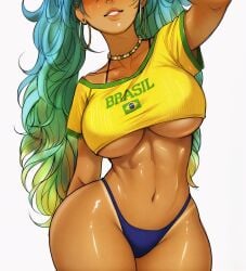 abs absurdres blue_panties bracelets brazilian_miku breast_curving_under_clothes censored crop_top extreme_underboob female female_only flower_hair_accessory glistening_skin green_eyes hand_to_forehead highres hoop_earrings jewelry large_breasts lollololli long_hair looking_at_viewer micro_top midriff moisture muscular navel necklace oily_skin shiny_skin simple_background smiling solo stomach sunglasses_on_head sweaty tan tanned_skin teal_hair thick_thighs toned_abs twintails voluptuous wavy_hair white_background wide_hips yellow_shirt